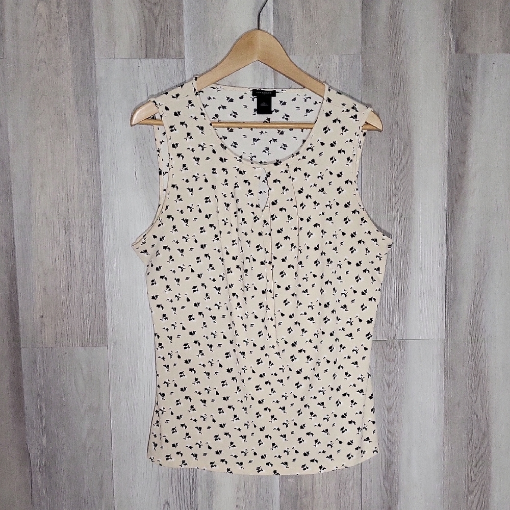 Ann Taylor Womens Large Sleeveless Blouse Floral Keyhole Pleated Cream